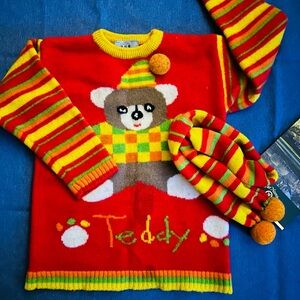 Colorful Teddy Bear Sweater and Scarf Set